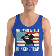 Tank top with Red White and Blue Drinking Team text, man drinking beer, and distressed American flag background. Perfect for 4th of July.