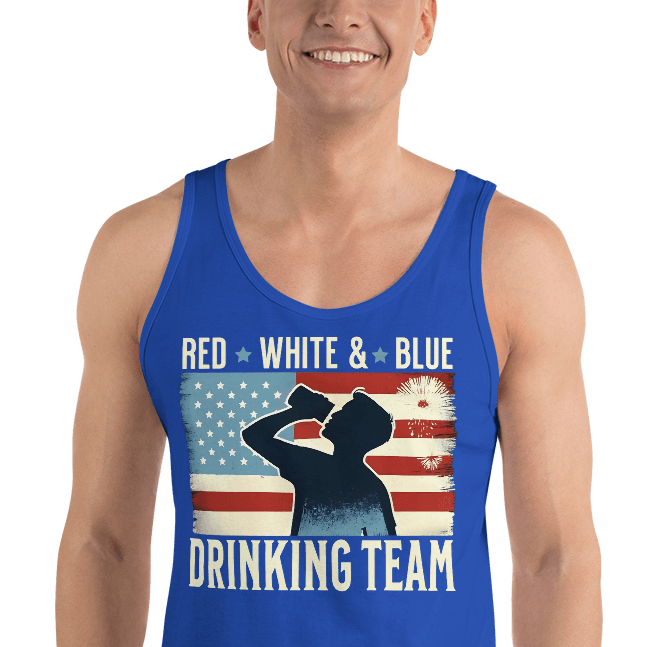 Tank top with Red White and Blue Drinking Team text, man drinking beer, and distressed American flag background. Perfect for 4th of July.