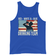 Tank top with Red White and Blue Drinking Team text, man drinking beer, and distressed American flag background. Perfect for 4th of July.