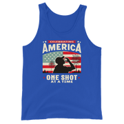 Tank top with Celebrating America One Shot at a Time text, silhouette of a man drinking a shot, and distressed American flag background. Perfect for 4th of July.