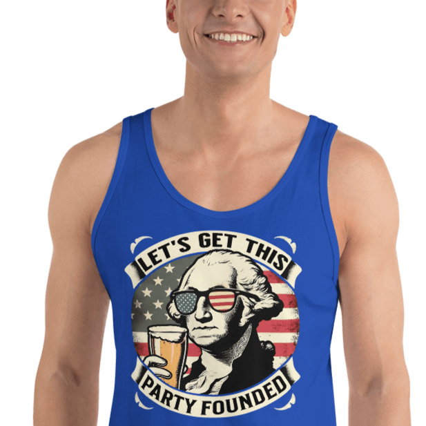 Tank top with Let's Get This Party Founded text, George Washington drinking a beer, and distressed American flag background. Perfect for 4th of July.