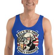 Tank top with Let's Get This Party Founded text, George Washington drinking a beer, and distressed American flag background. Perfect for 4th of July.