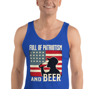 Tank top with Full of Patriotism and Beer text and a distressed American flag background. Perfect for 4th of July.