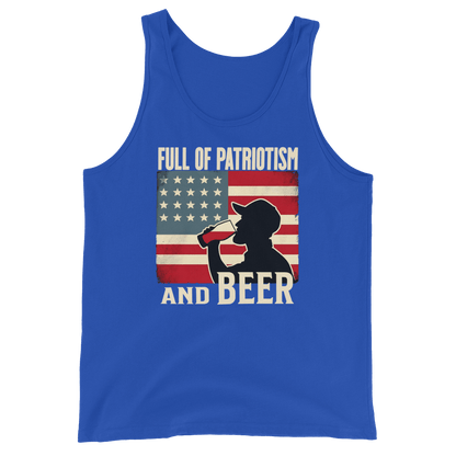 Tank top with Full of Patriotism and Beer text and a distressed American flag background. Perfect for 4th of July.