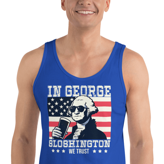 Celebrate 4th of July in style with our George Sloshington tank top. Perfect for BBQs & summer fun, featuring a fun patriotic design.