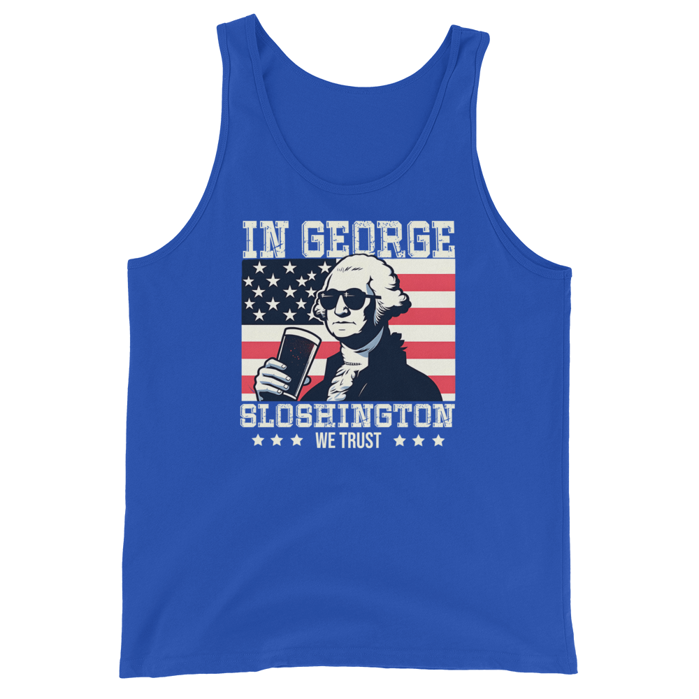 Tank top with In George Sloshington We Trust text, image of George Washington drinking a beer, and distressed American flag background. Perfect for 4th of July.