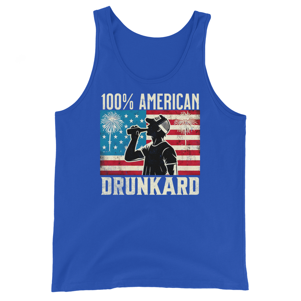 Rock your 4th of July with our '100% American Drunkard' men's tank. Perfect for BBQs or chilling with friends in patriotic style. Get yours now!