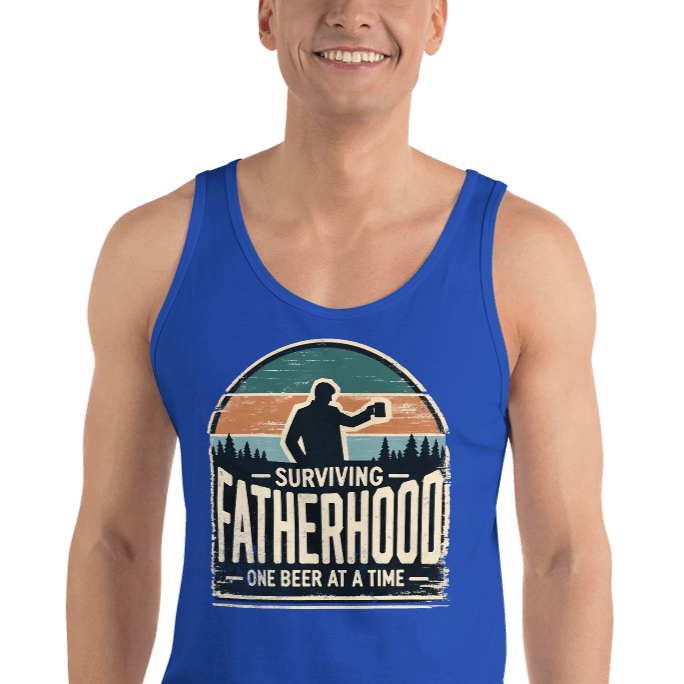 Discover the "Surviving Fatherhood One Beer at a Time" tank top. Made from premium combed & ringspun cotton for ultimate comfort. Perfect for dads!