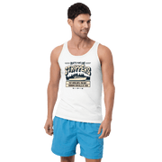 Boating tank top with 'Boats are like strippers, they work until you quit throwing $100 bills at them' phrase and scenic lake design