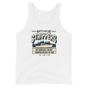 Boating tank top with 'Boats are like strippers, they work until you quit throwing $100 bills at them' phrase and scenic lake design