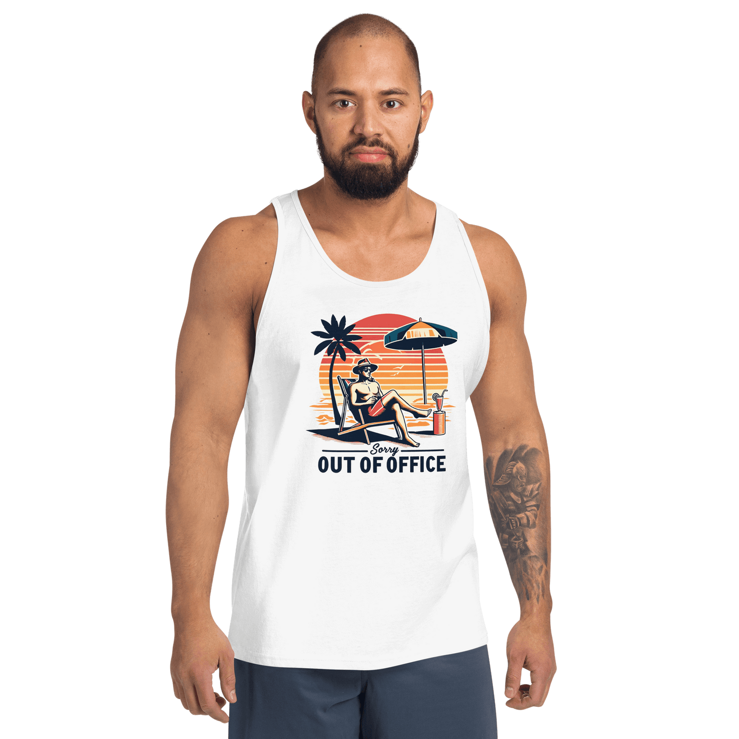 Man relaxing in a beach chair with a sunset backdrop, depicted on our 'Sorry, Out of Office' retro tank top.