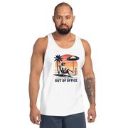 Man relaxing in a beach chair with a sunset backdrop, depicted on our 'Sorry, Out of Office' retro tank top.