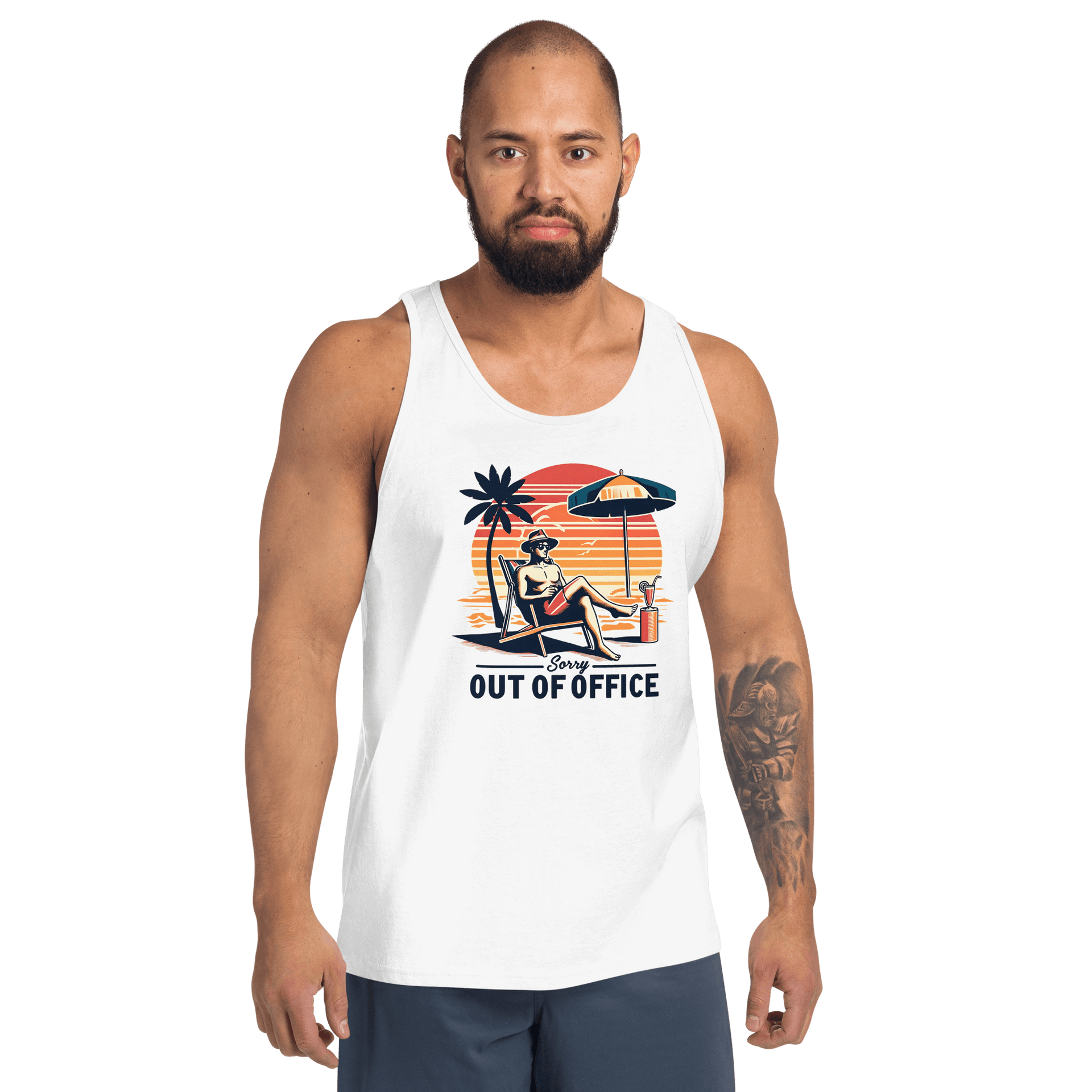 Man relaxing in a beach chair with a sunset backdrop, depicted on our 'Sorry, Out of Office' retro tank top.