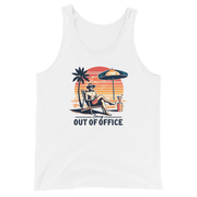 Man relaxing in a beach chair with a sunset backdrop, depicted on our 'Sorry, Out of Office' retro tank top.