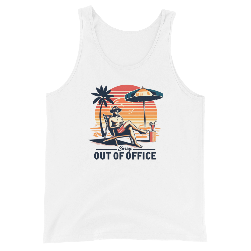 Man relaxing in a beach chair with a sunset backdrop, depicted on our 'Sorry, Out of Office' retro tank top.