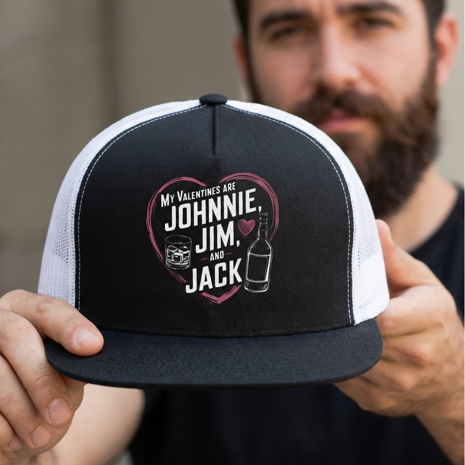 a man holding a black and white flat bill trucker hat with the phrase "My Valentine's are Johnnie Jim and Jack. the phrase is surrounded by a sketched valentines heart with a whiskey glass and bourbon bottle.