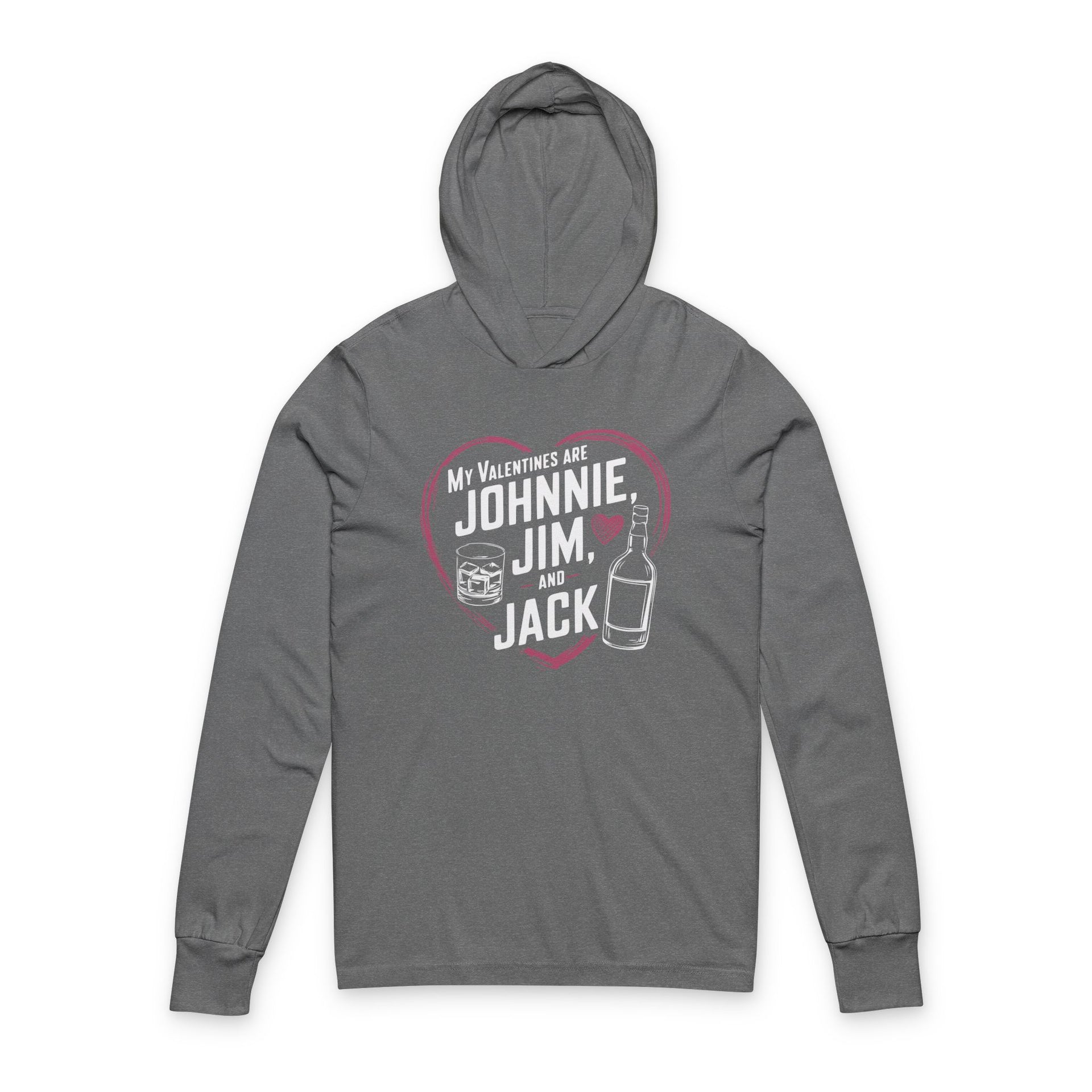 gray featherweight valentines hoodie with the phrase my valentines are johnnie, jim, and jack surrounded by a sketched valentine heart with a whiskey glass and bourbon bottle to complete the design