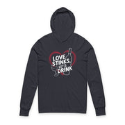 a navy featherweight hoodie with the phrase "Love Stinks Let's Drink" surrounded by a sketched valentine's heart and a wine glass and wine bottle