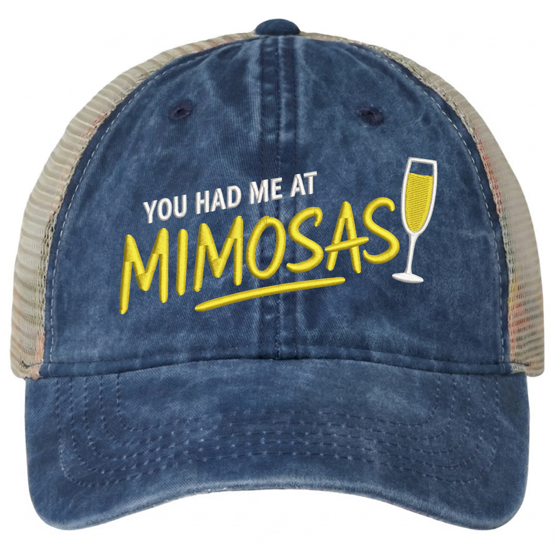 a navy and khaki ponytail trucker hat with 'You Had Me at Mimosas' text funny spring break, summer vacation, beach trip, lake season, girls trip or bachelorette had