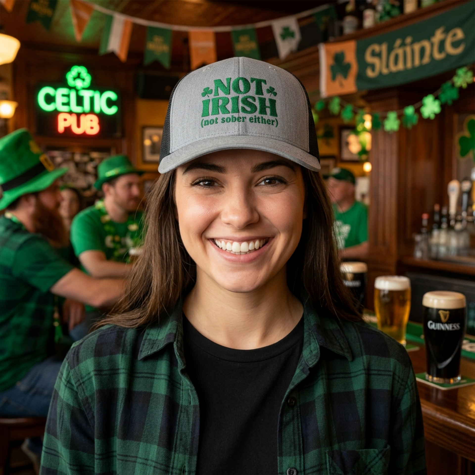 woman wearing a gray and black curved bill trucker hat with 'Not Irish (not either other)' text funny St Patricks Day pub crawl design