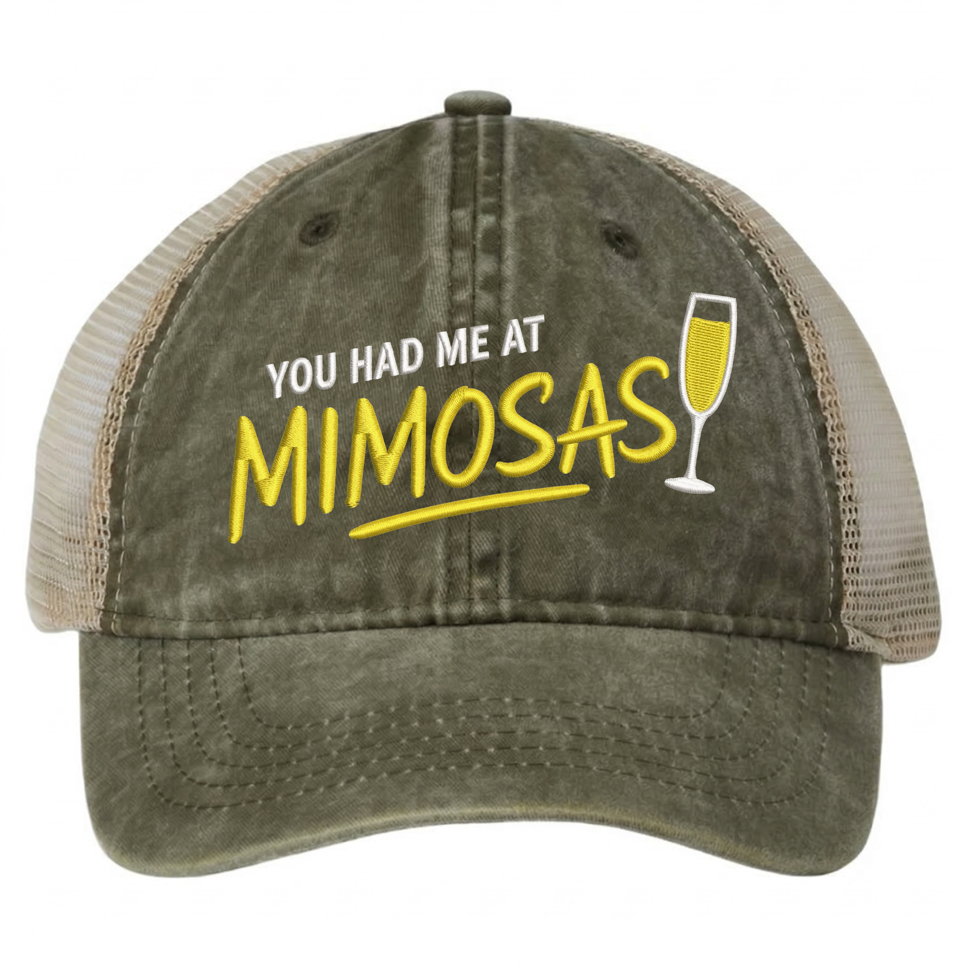 a olive and khaki ponytail trucker hat with 'You Had Me at Mimosas' text funny spring break, summer vacation, beach trip, lake season, girls trip or bachelorette had