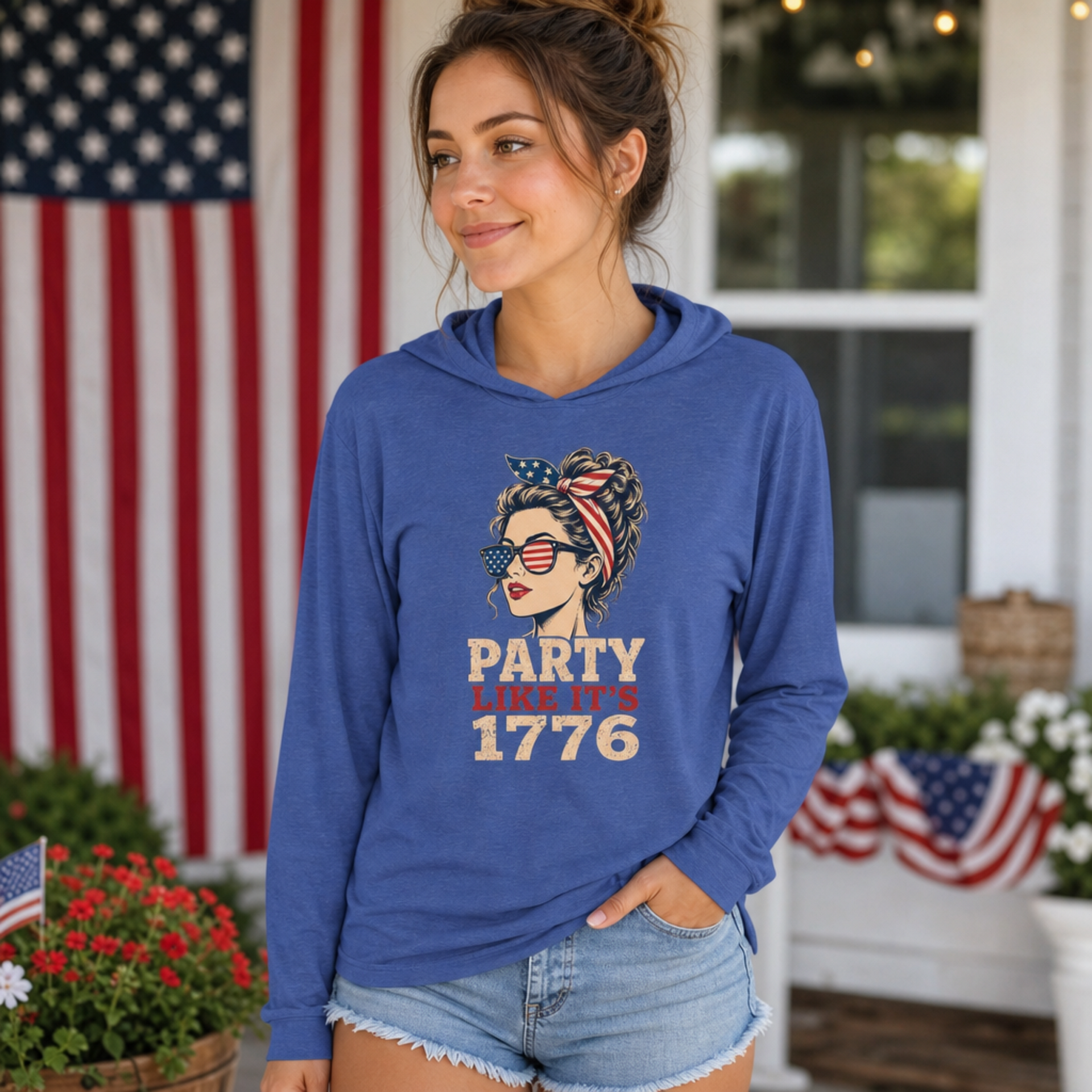4th of July lightweight hoodie with retro patriotic woman graphic