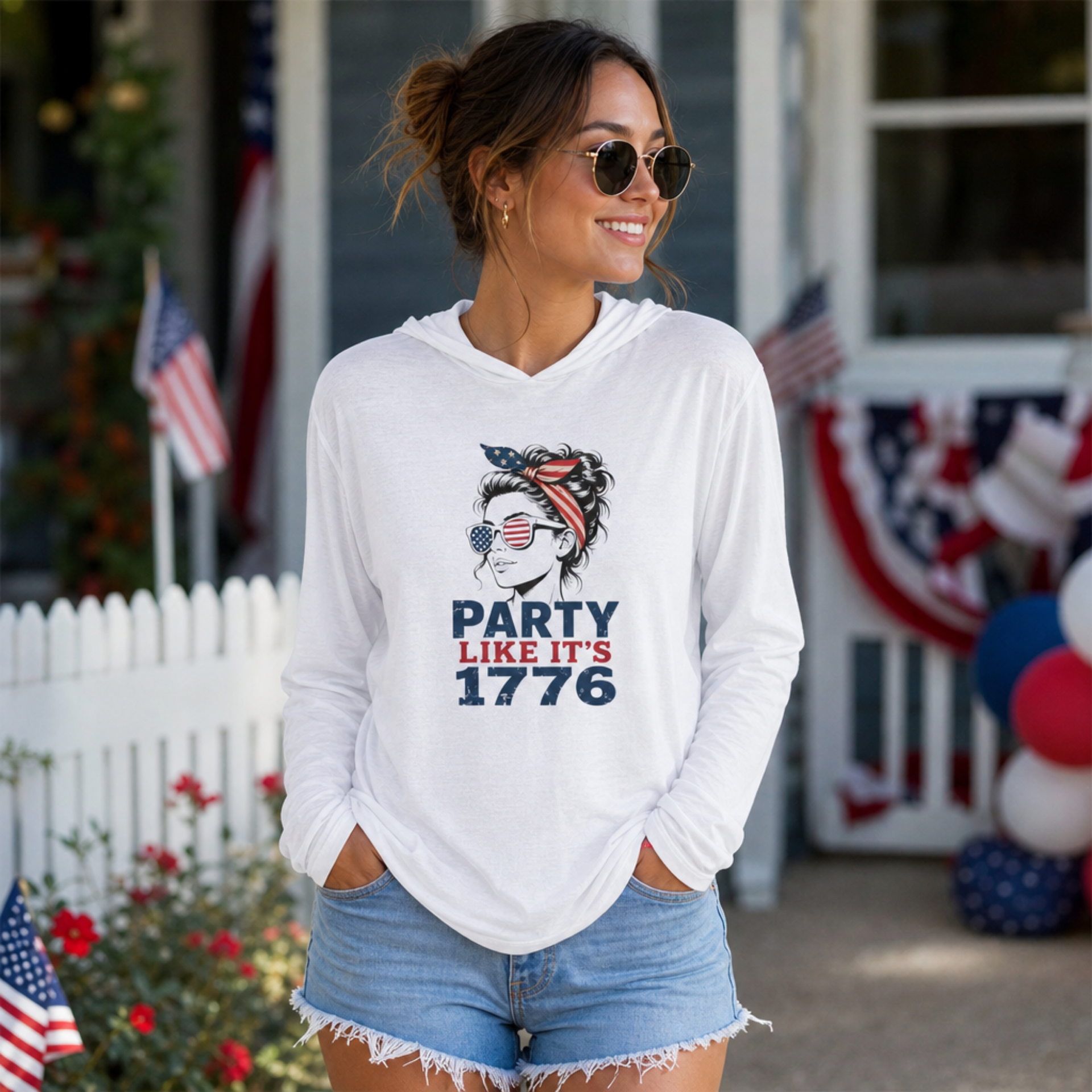 4th of July lightweight hoodie with retro patriotic woman graphic