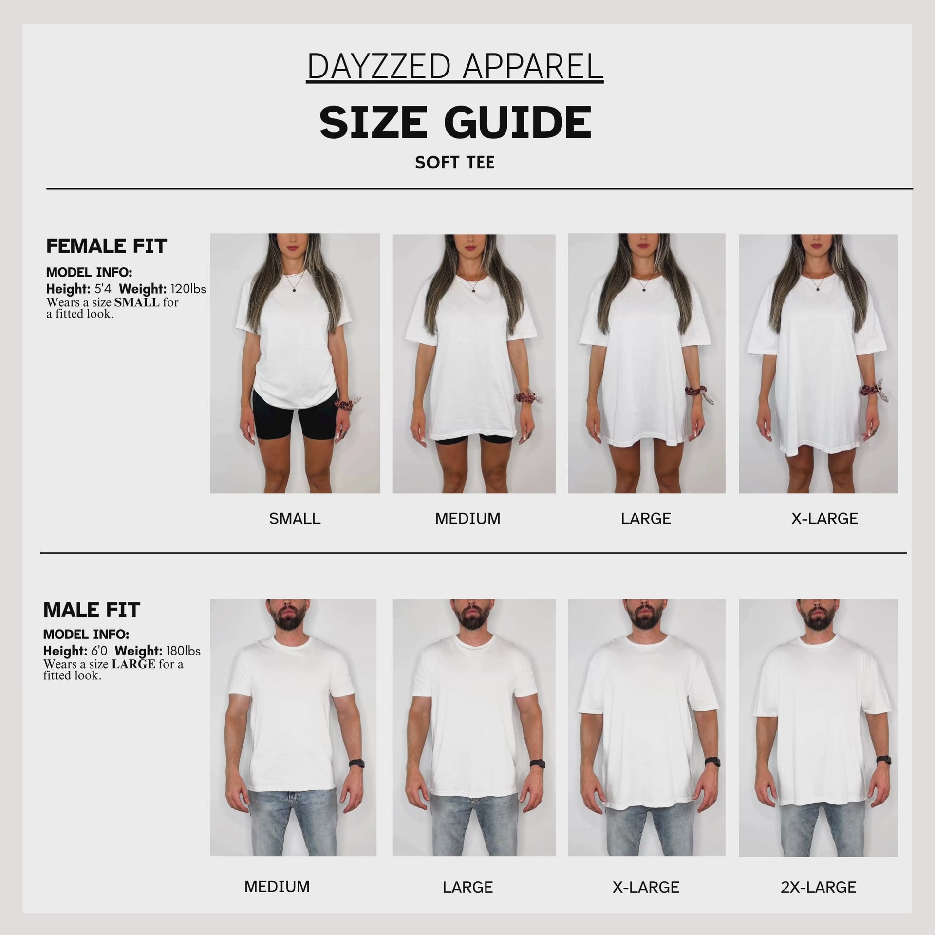 Unisex T-Shirt Size Chart for Dayzzed Softstyle.