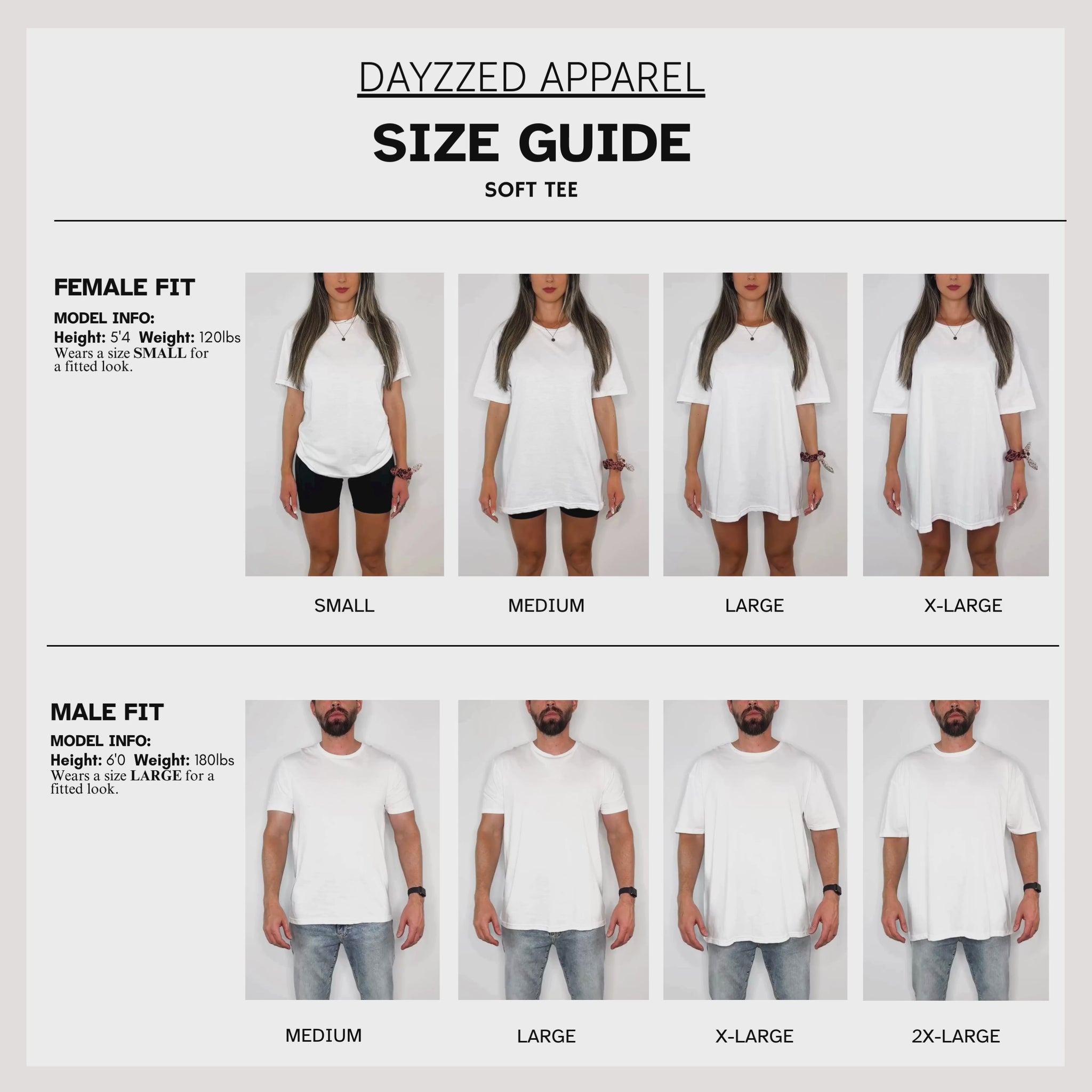 Unisex T-Shirt Size Chart for Dayzzed Softstyle.