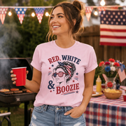 Red White & Boozie summer party tee with patriotic woman illustration
