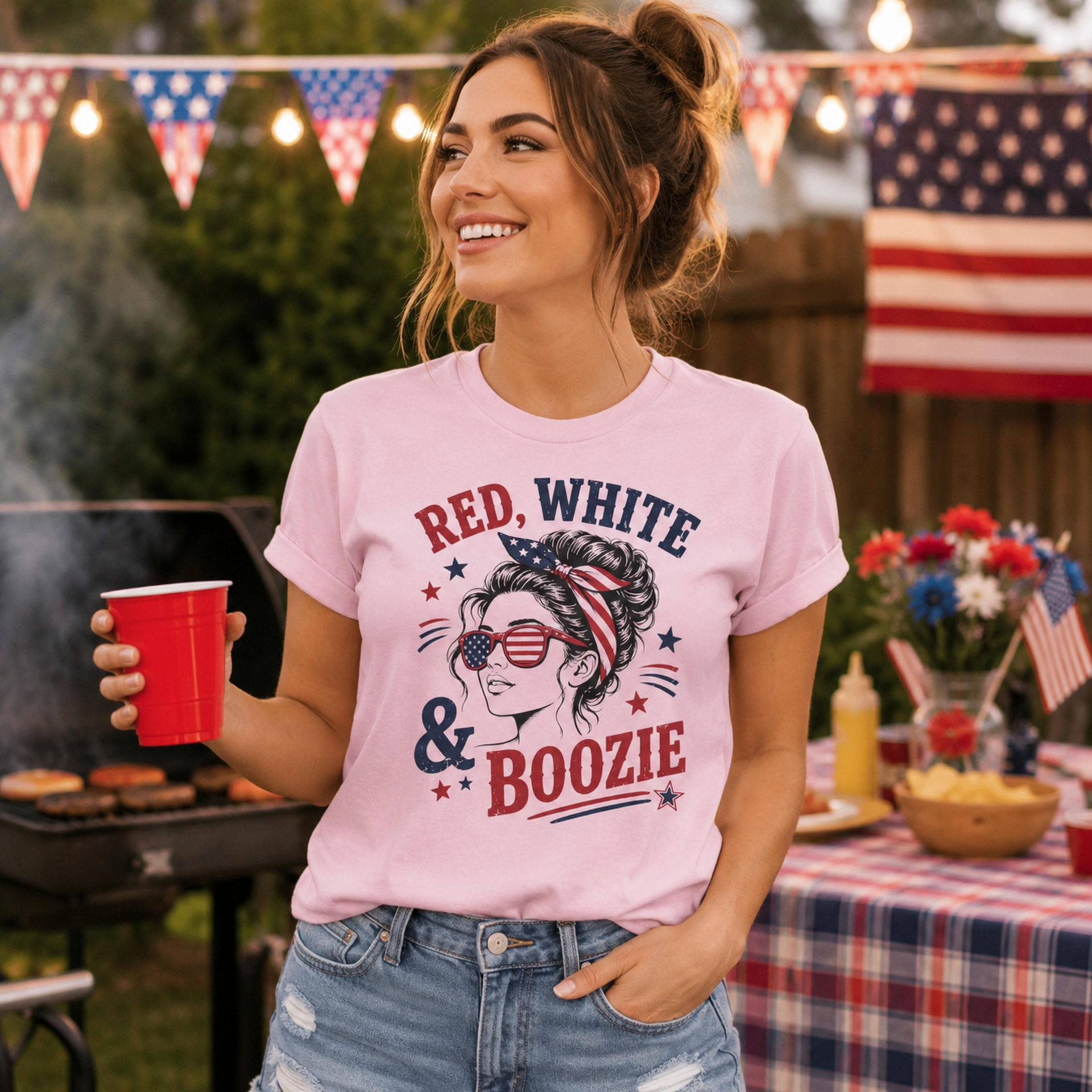 Red White & Boozie summer party tee with patriotic woman illustration