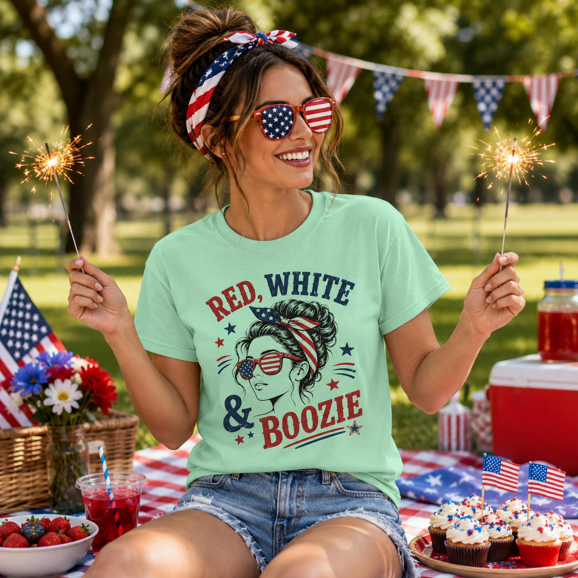 Patriotic drinking shirt with stars and stripes bandana artwork