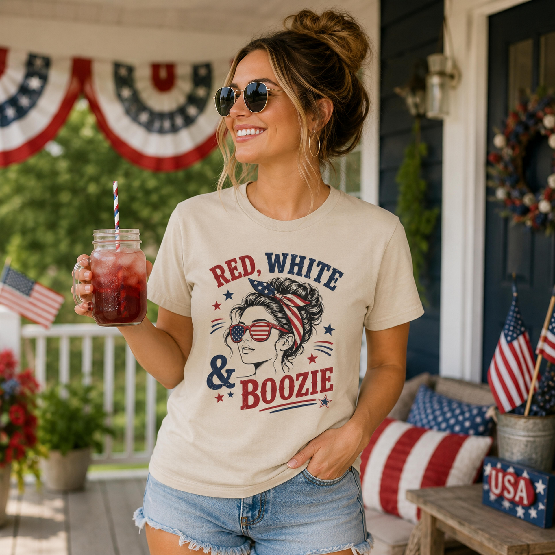 4th of July shirt featuring red white and blue boozie design