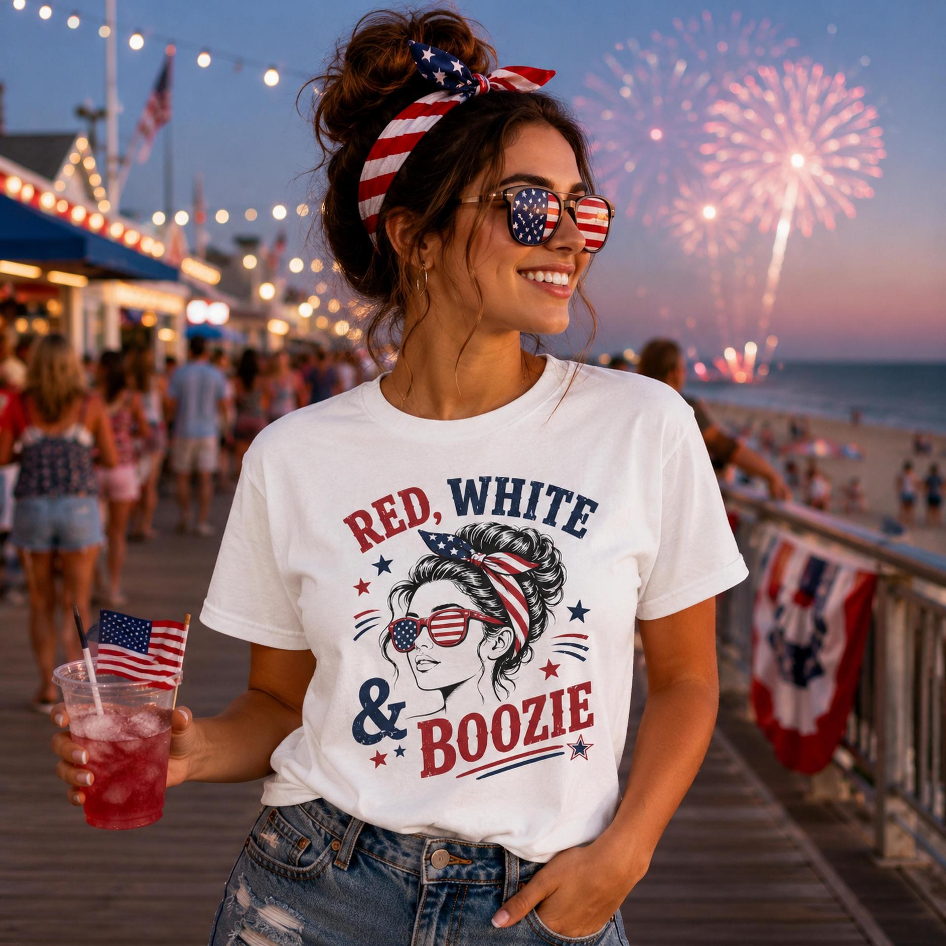Patriotic drinking shirt with stars and stripes bandana artwork