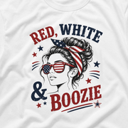 Red White & Boozie patriotic graphic tee with woman in flag sunglasses