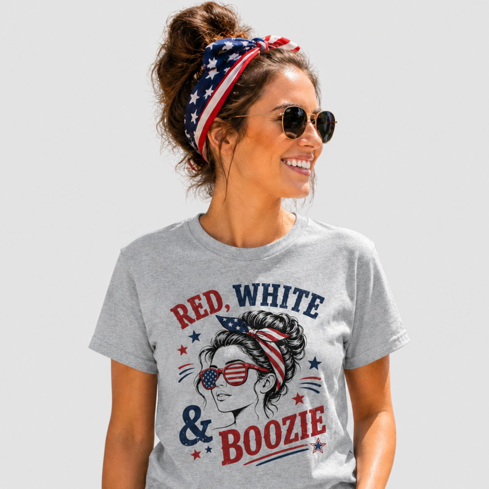 Red White & Boozie patriotic graphic tee with woman in flag sunglasses
