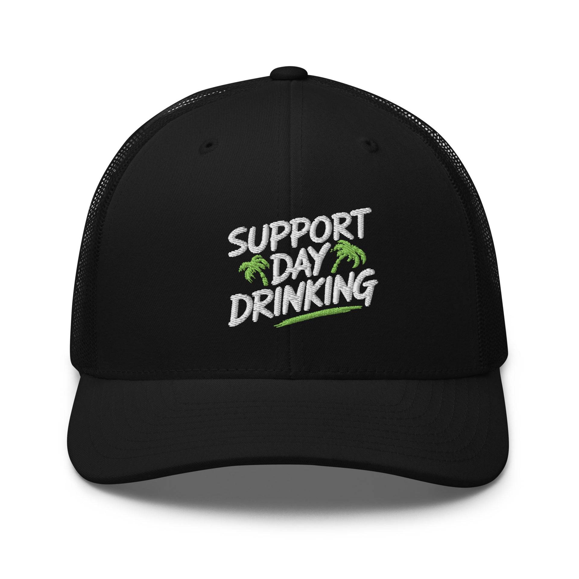 Support Day Drinking embroidered beach trucker hat with green details, mesh back, structured front, and adjustable snapback fit