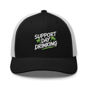 Support Day Drinking embroidered beach trucker hat with green details, mesh back, structured front, and adjustable snapback fit