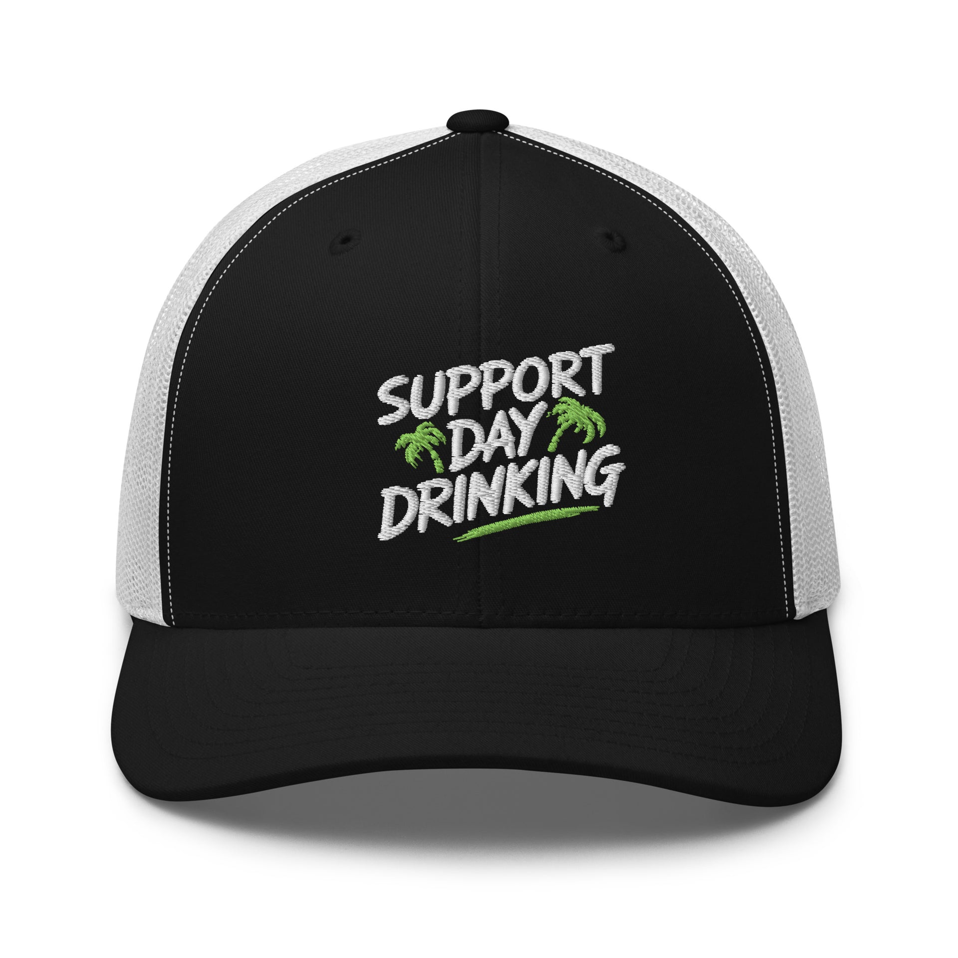 Support Day Drinking embroidered beach trucker hat with green details, mesh back, structured front, and adjustable snapback fit