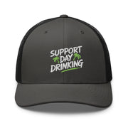 Support Day Drinking embroidered beach trucker hat with green details, mesh back, structured front, and adjustable snapback fit