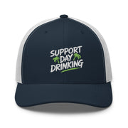 Support Day Drinking embroidered beach trucker hat with green details, mesh back, structured front, and adjustable snapback fit