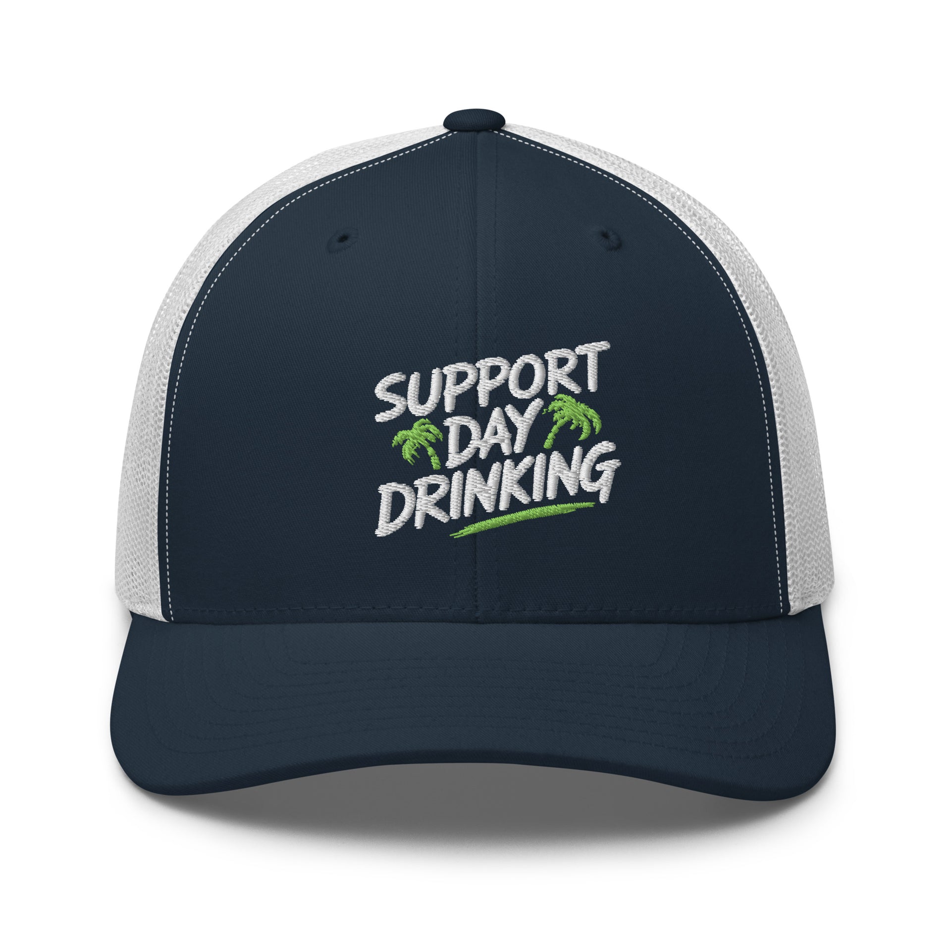 Support Day Drinking embroidered beach trucker hat with green details, mesh back, structured front, and adjustable snapback fit