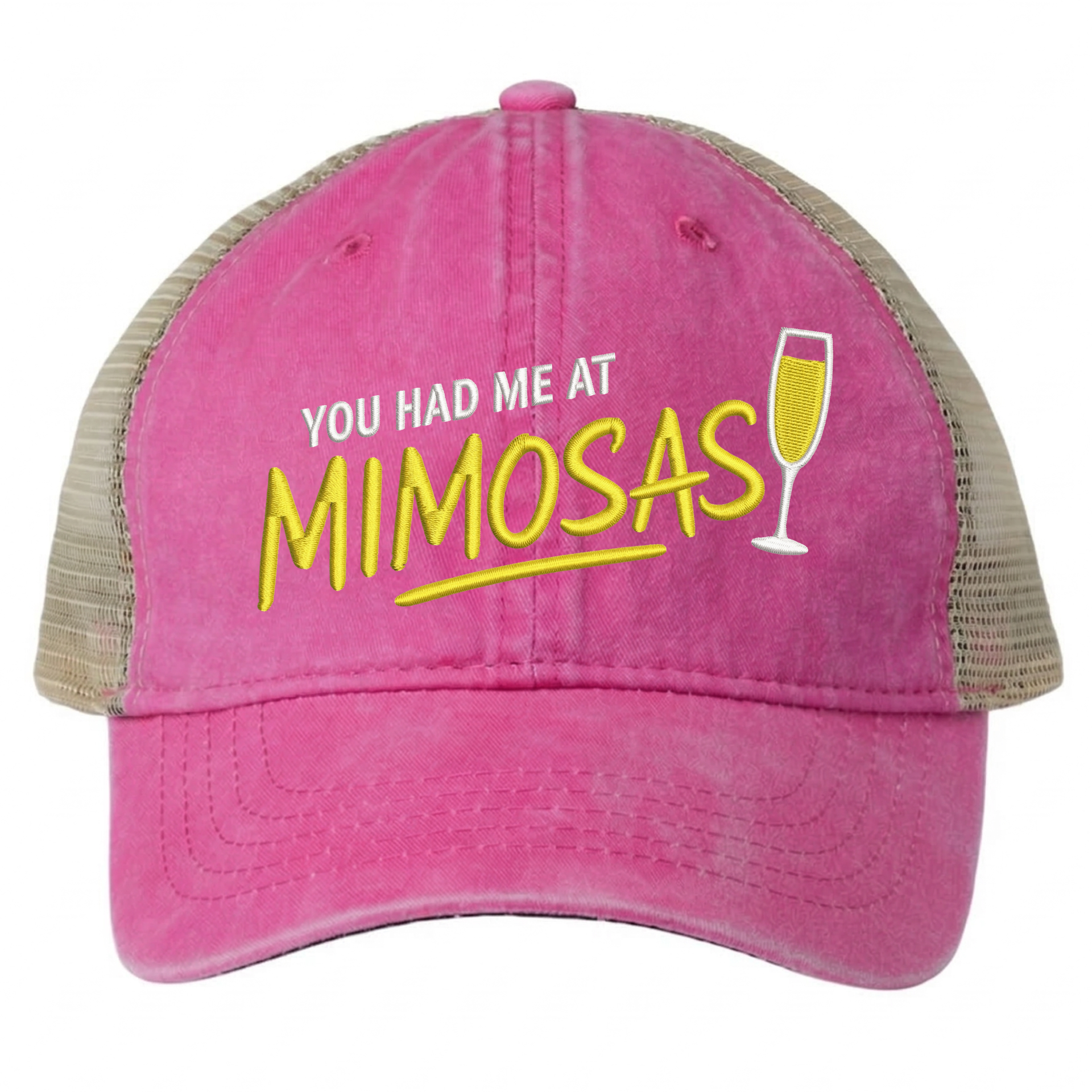 a pink and khaki ponytail trucker hat with 'You Had Me at Mimosas' text funny spring break, summer vacation, beach trip, lake season, girls trip or bachelorette had