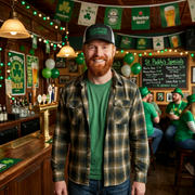 Man with a beard wearing a black and white curved trucker hat with the phrase show me your shamrocks  in a pub decorated for St. Patrick's Day.
