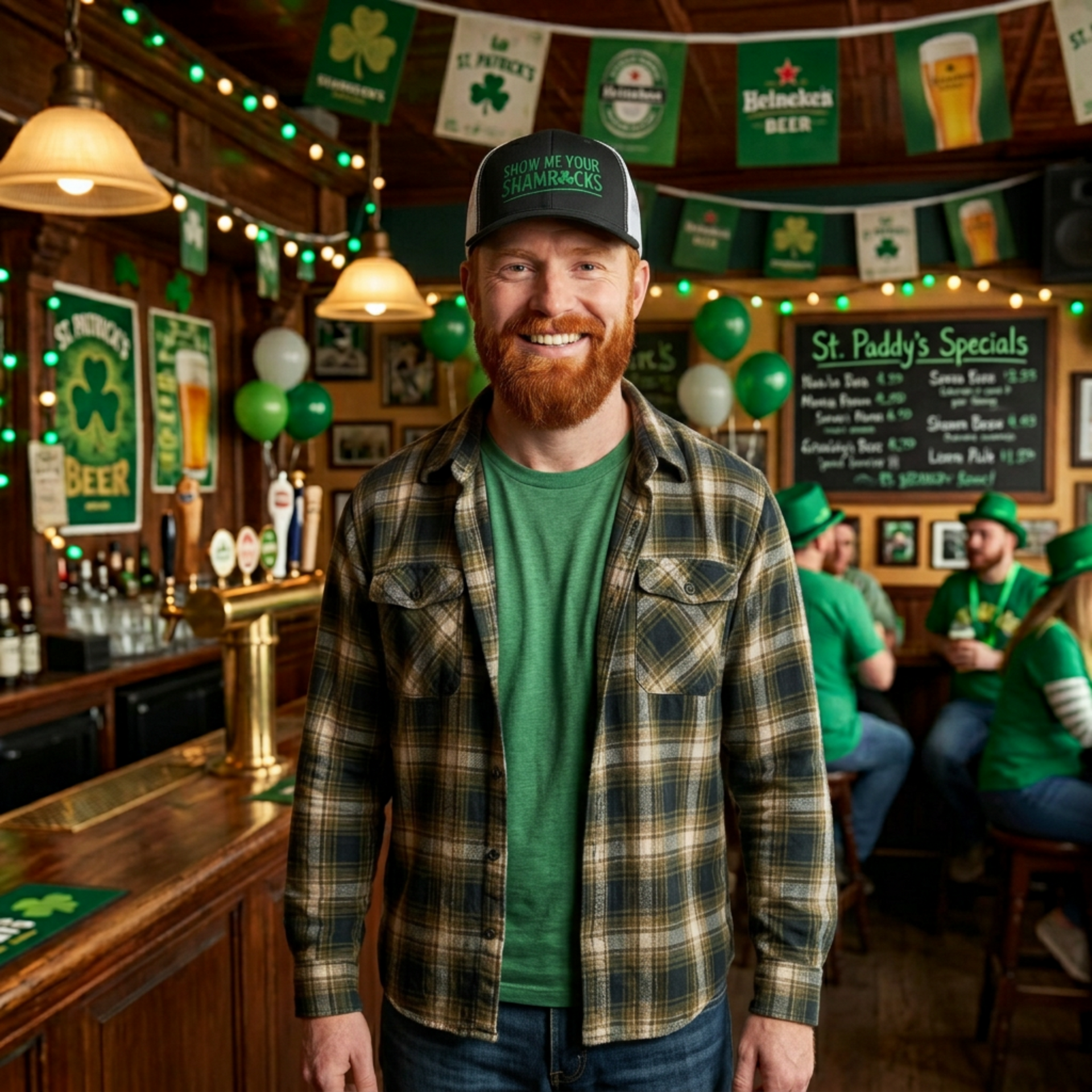 Man with a beard wearing a black and white curved trucker hat with the phrase show me your shamrocks  in a pub decorated for St. Patrick's Day.
