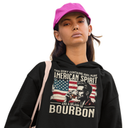 Hoodie with 'This Shirt Contains 100% American Spirit and a Splash of Bourbon' text, man drinking a glass of bourbon, and distressed American flag background