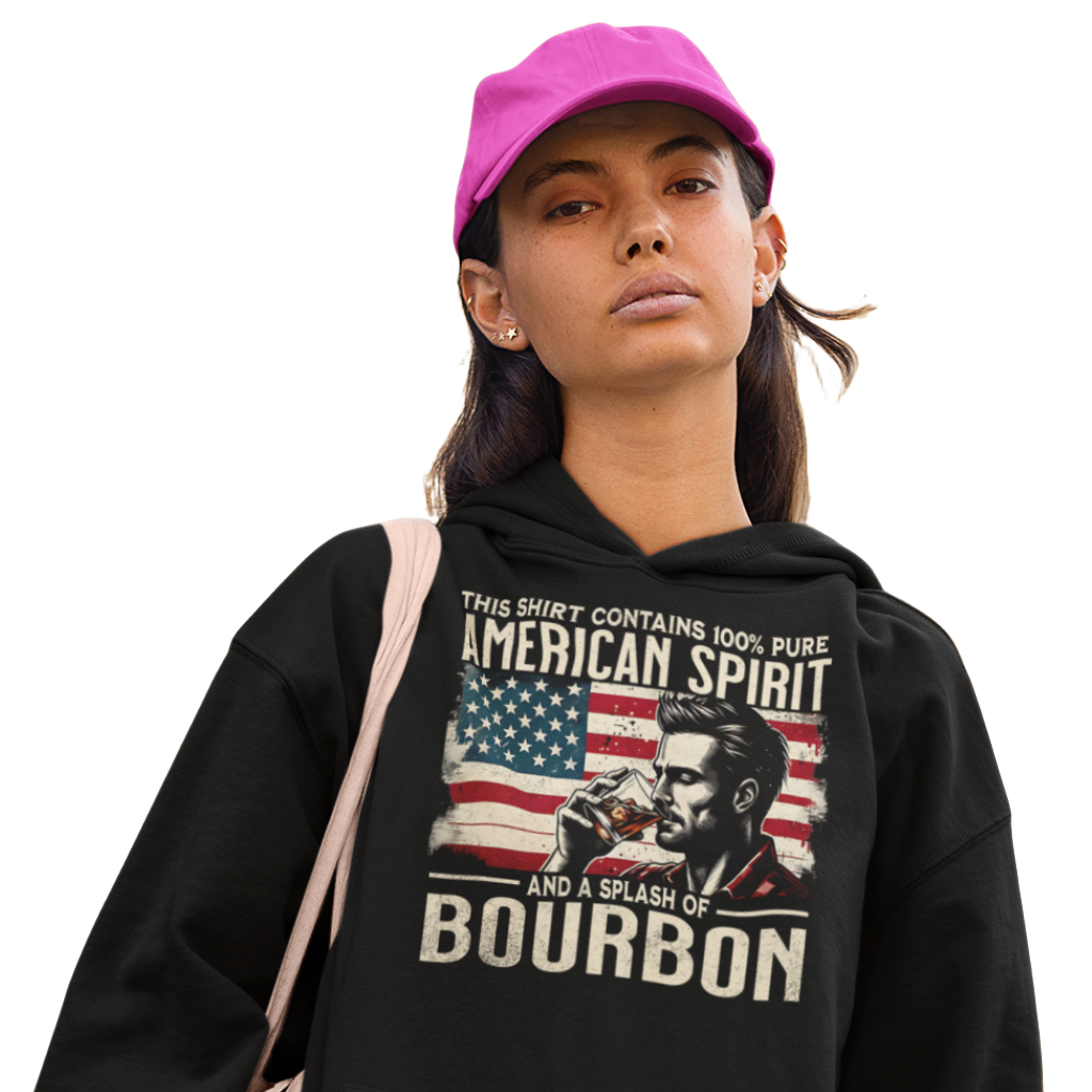 Hoodie with 'This Shirt Contains 100% American Spirit and a Splash of Bourbon' text, man drinking a glass of bourbon, and distressed American flag background