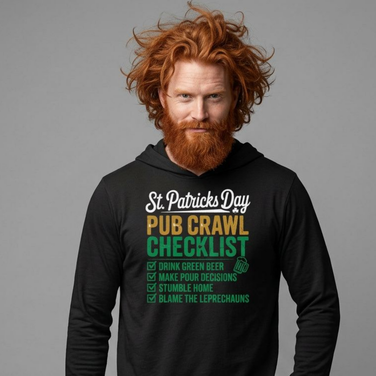 man wearing a black St. Patrick’s Day Pub Crawl Checklist lightweight hoodie