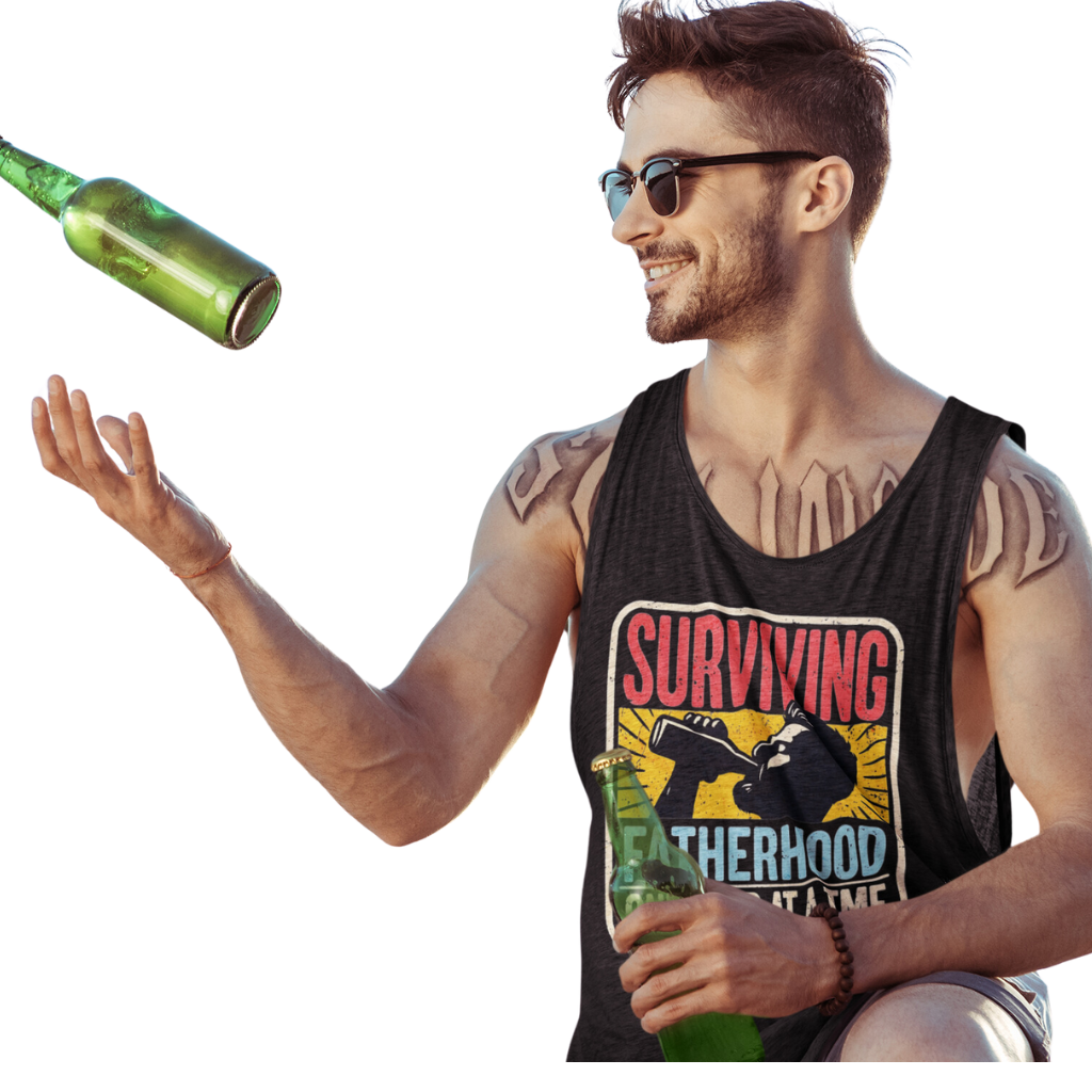 Celebrate fatherhood with our "Surviving Fatherhood One Beer at a Time" tank top. Perfect gift for dads who love a cold one. Ideal gift for Father's Day.