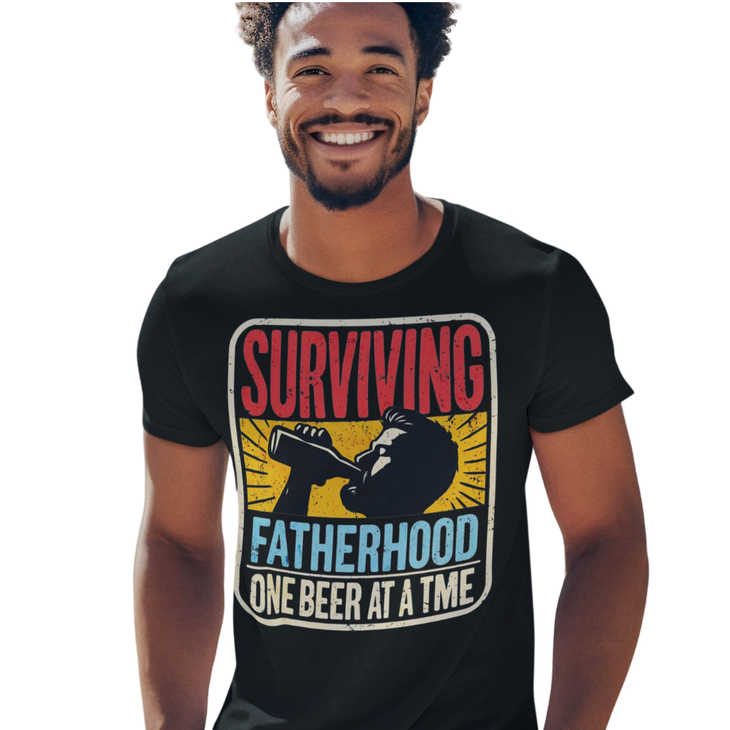 Celebrate fatherhood with our "Surviving Fatherhood One Beer at a Time" t-shirt. Perfect gift for dads who love a cold one. Ideal for Father's Day or birthdays.